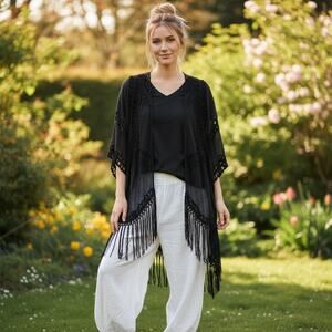 Boho Urban Mangoz Crochet Fringe Duster Kimono Black Festival Western Sz XL